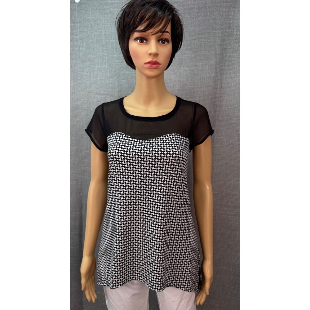 White House Black Market Short Sleeve Mesh Black and White Top Women's Size XS